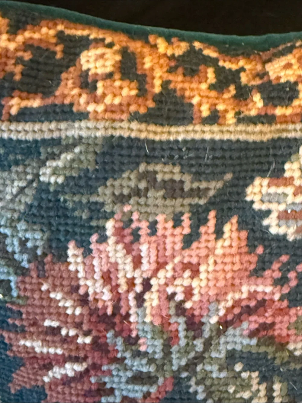 Vintage-Inspired Floral Needlepoint Accent Pillow Pair in Green and Pink